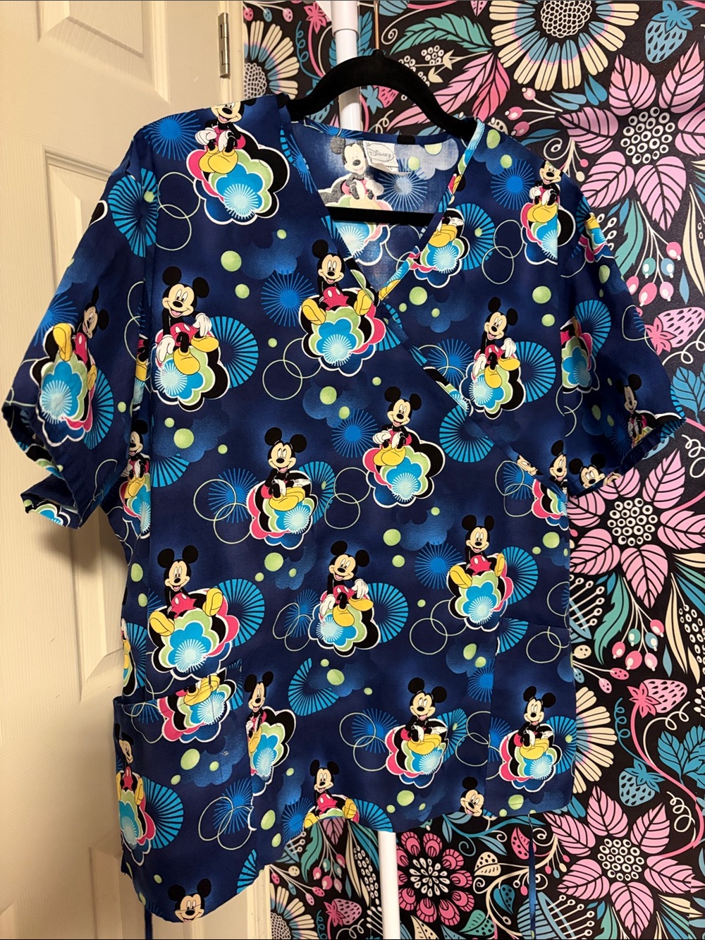Disney Navy Blue Mickey Mouse Floral Cluster Scrub Top